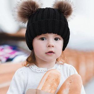 Toddler/Kids Black Winter Beanie - Double Pompoms & Soft Fleece Lining: ages 2-6